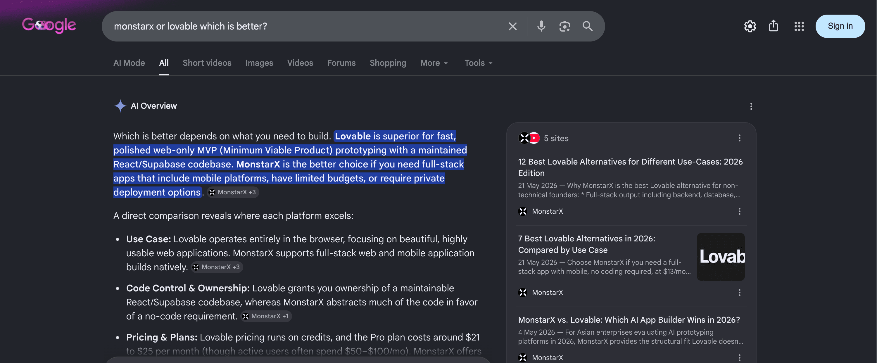 Real Google AI Overview for the search “monstarx or lovable which is better?”, recommending MonstarX for full-stack apps with mobile platforms, limited budgets, or private deployment needs.