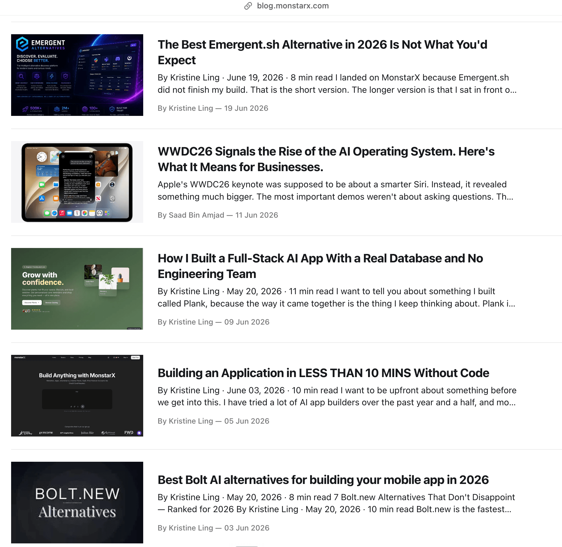 MonstarX's real blog (blog.monstarx.com), showing the automated publishing pipeline in production.